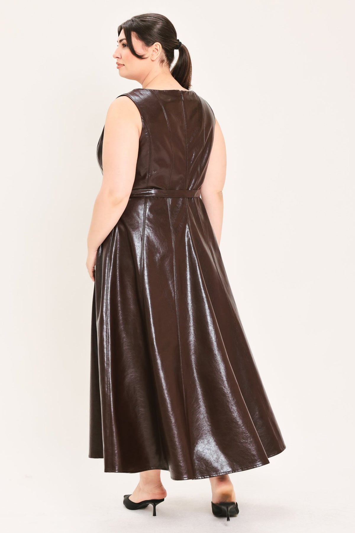 Dark brown faux leather midi dress, sleeveless A-line with center-back seam