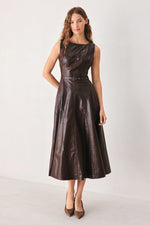 Dark brown faux leather midi dress front view, sleeveless with waist belt and skirt flare.