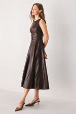 Dark brown faux leather midi dress, sleeveless fit-and-flare silhouette with belt.