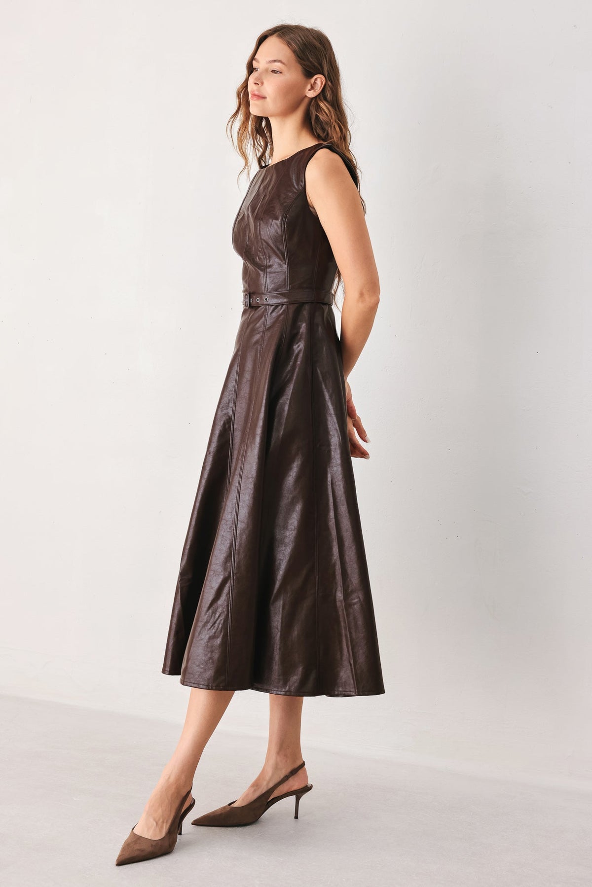 Dark brown faux leather midi dress, sleeveless fit-and-flare silhouette with belt.