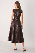 Dark brown faux leather midi dress back view, sleeveless and belted waist.