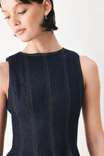Dark denim sleeveless bodice with high neck and vertical contrast stitch stripes