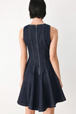 Dark denim sleeveless mini dress back view, center zipper and vertical stitch lines