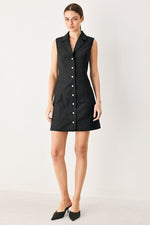 Black sleeveless woven mini dress with point collar and gold button front