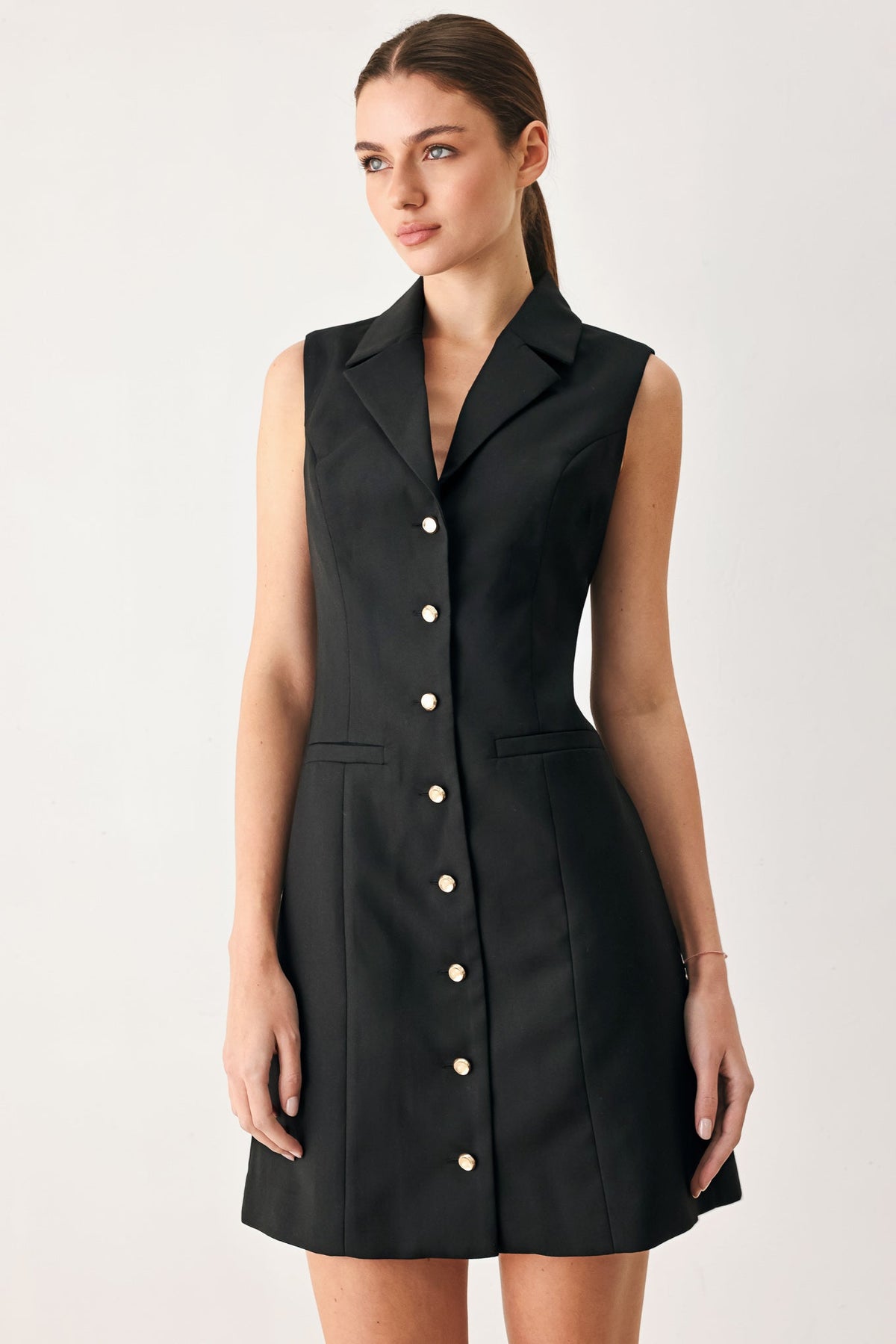 Black sleeveless woven mini dress with point collar, gold button front, patch pockets