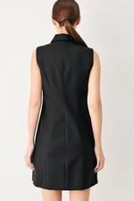 Black sleeveless woven mini dress with center back seam and straight back silhouette