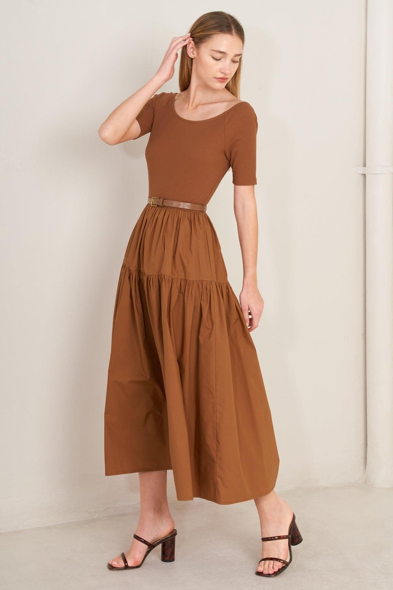 Rust midi dress with scoop neckline, short sleeves, tiered skirt and waist belt