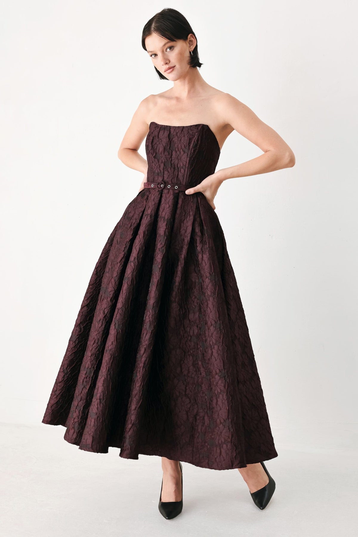 Burgundy strapless woven midi dress with full skirt and button-belt waist