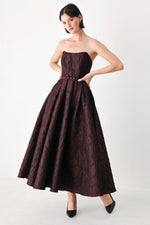 Burgundy strapless woven midi dress with full skirt and button-belt waist