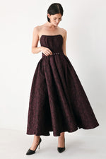 Burgundy strapless woven midi dress with full A-line skirt and belted waist