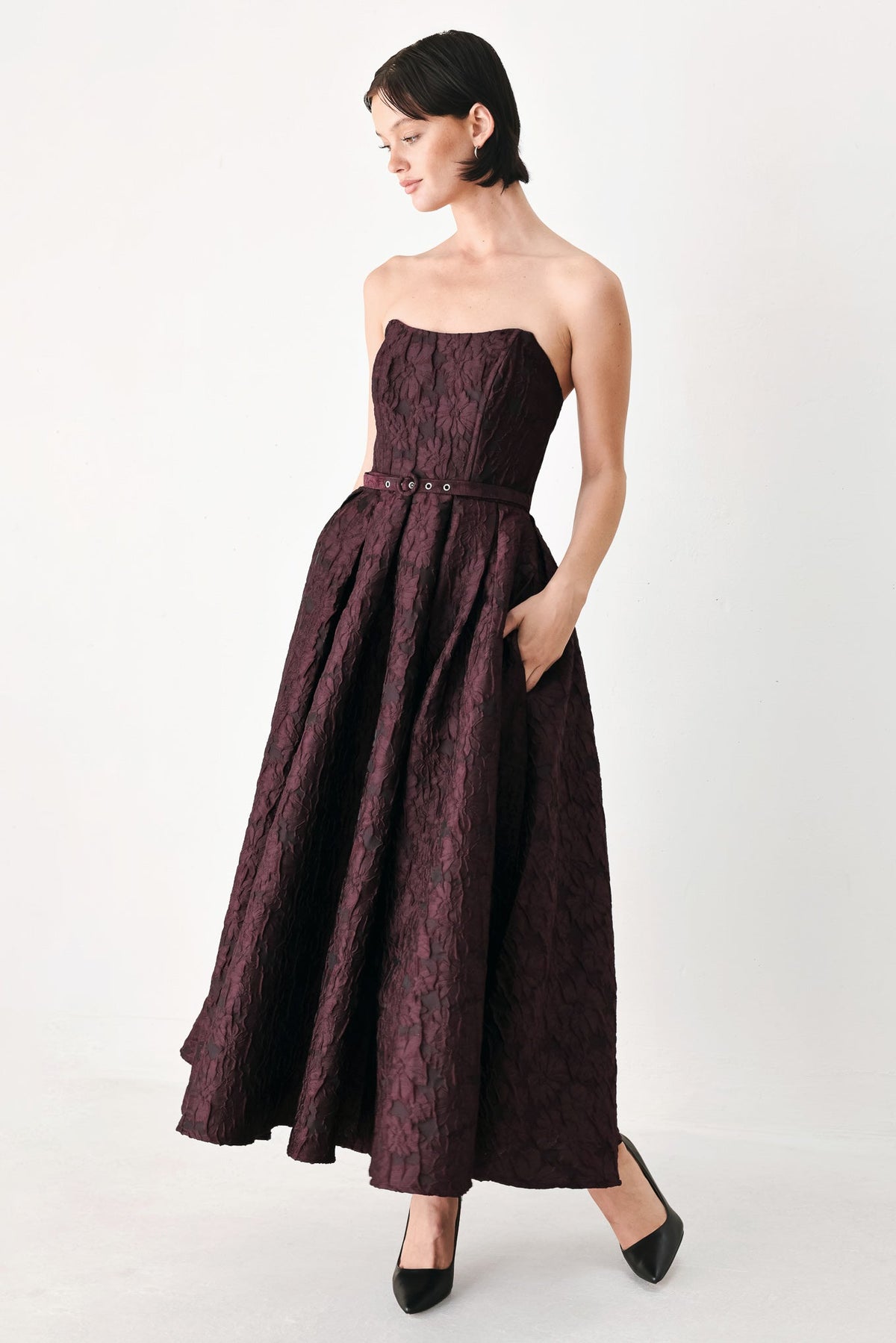 Burgundy strapless woven midi dress with full skirt and buttoned belt waist