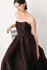 Burgundy strapless woven midi dress with corset top and buckled belt