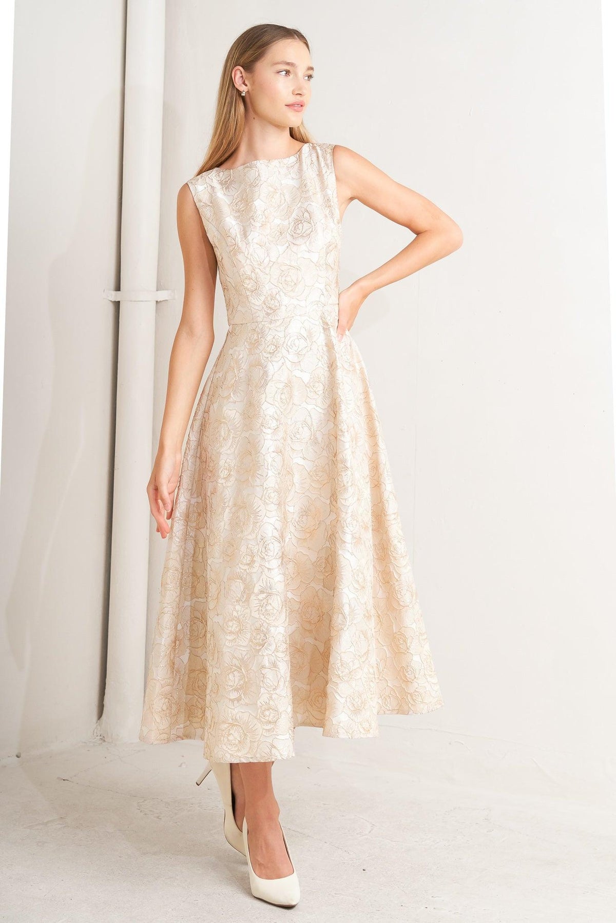 Champagne woven midi dress, sleeveless high neck, floral jacquard, flared skirt