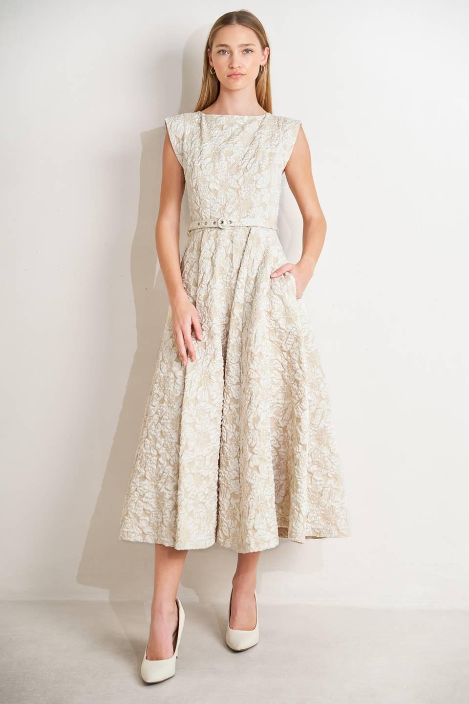 Ivory woven midi dress, sleeveless with boat neckline and belted waist, full skirt.