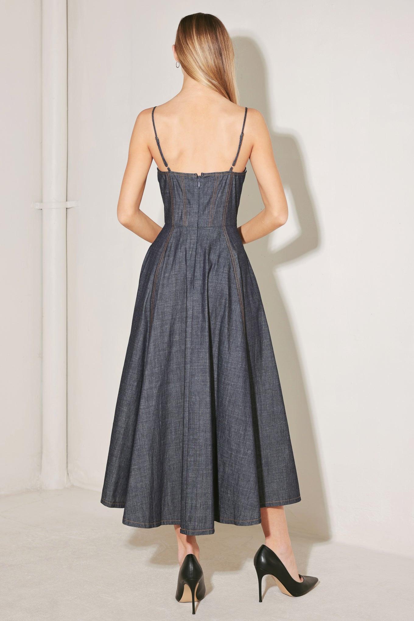 Dark denim midi dress, sleeveless with spaghetti straps and back view with pleated skirt