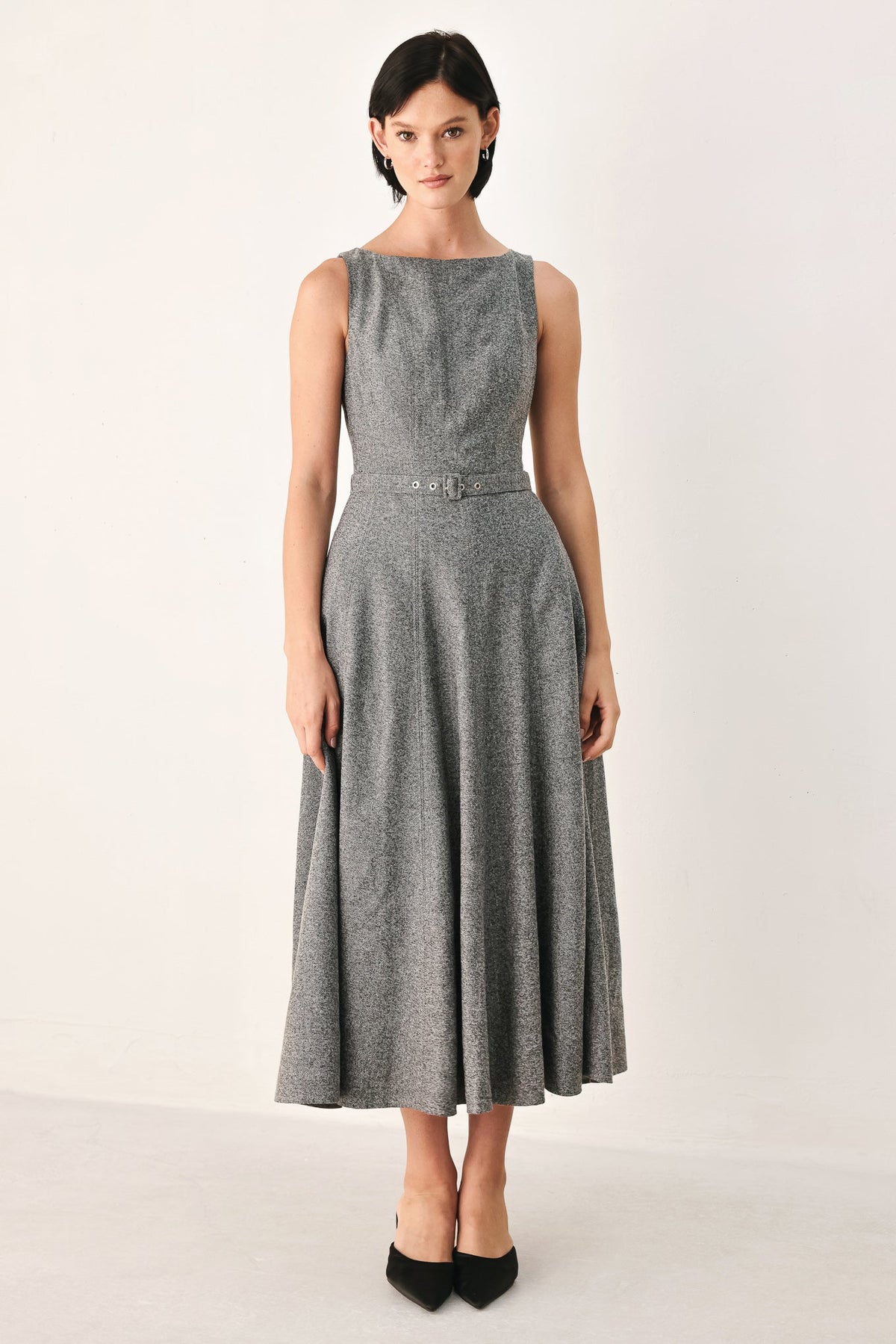 Charcoal belted A-line midi dress, sleeveless crew neck, buttoned waist