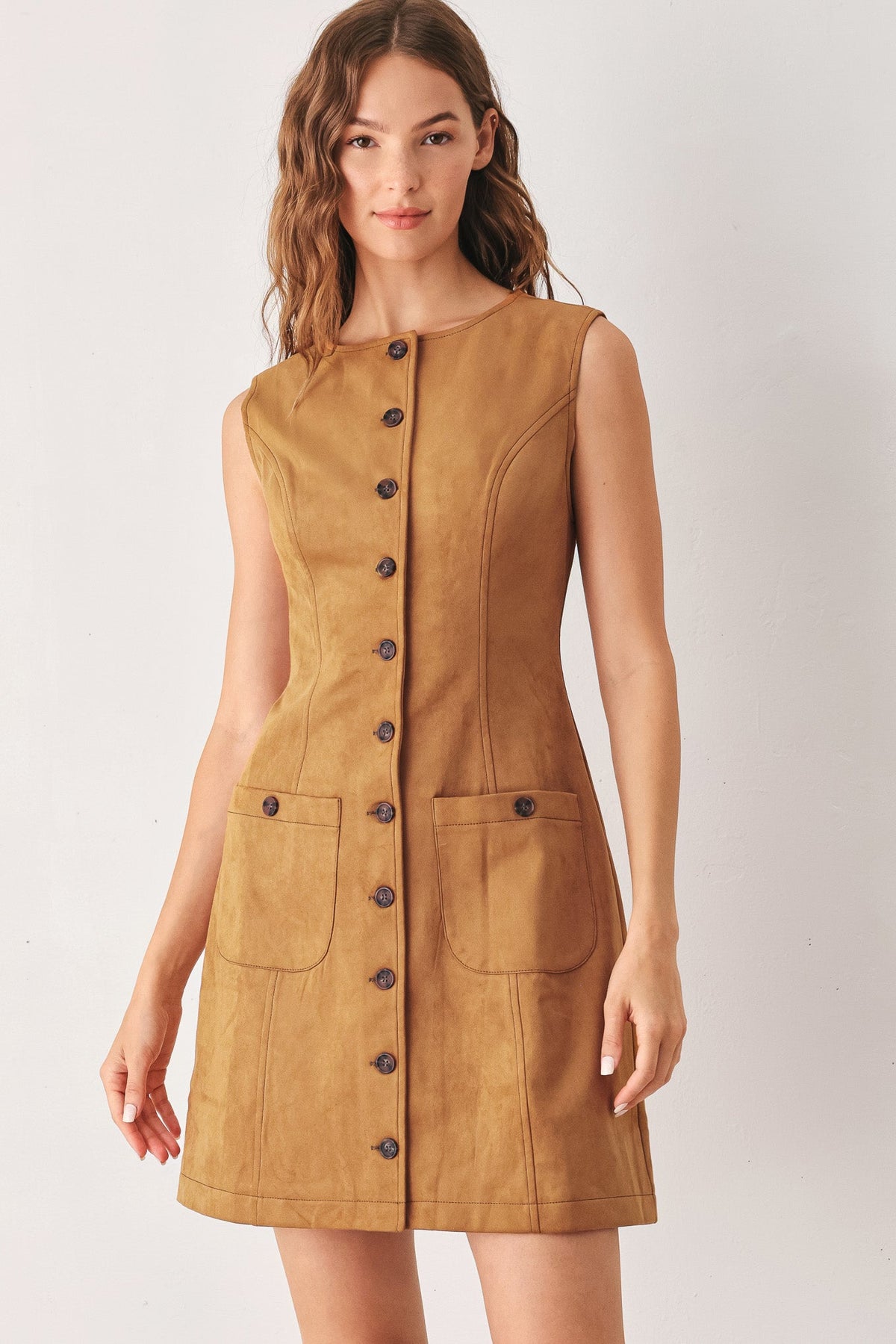 MAPLE caramel faux suede mini dress with front button placket and patch pockets