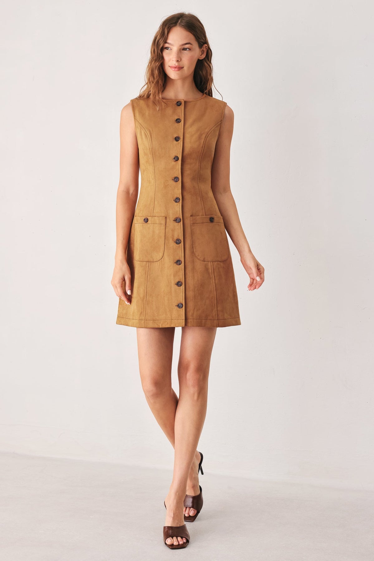 MAPLE caramel faux suede mini dress, sleeveless with button front and patch pockets