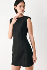 Black sleeveless mini shift dress with curved neckline