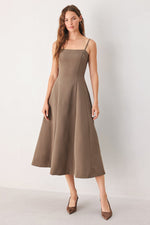 Mocha woven midi swing dress with spaghetti straps and square neckline