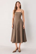 Mocha woven midi swing dress, sleeveless with spaghetti straps and flared skirt