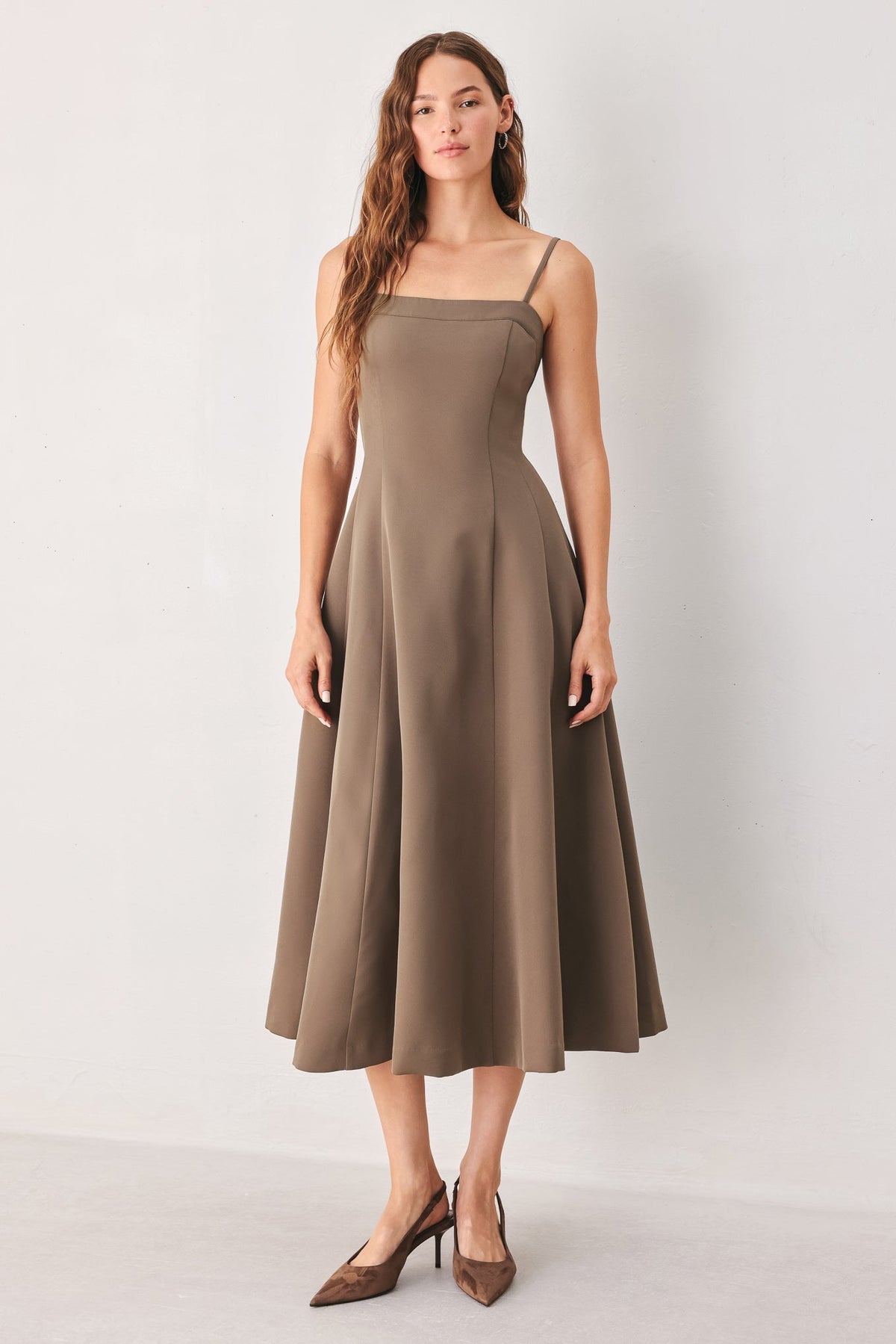 Mocha woven midi swing dress, sleeveless with spaghetti straps and flared skirt