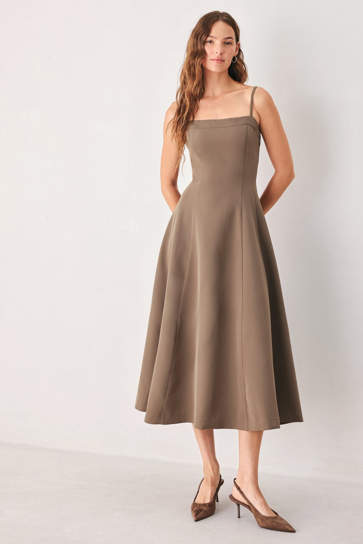 Mocha woven midi swing dress with square neckline and A-line skirt