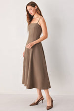 Mocha woven midi swing dress with spaghetti straps and softly gathered skirt
