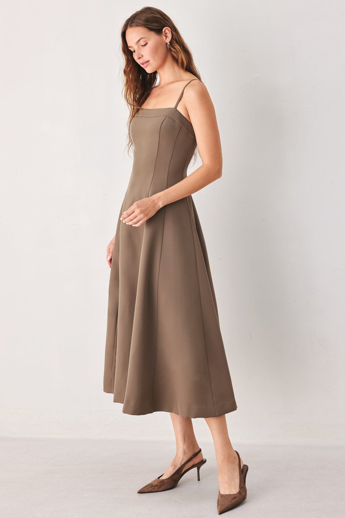 Mocha woven midi swing dress with spaghetti straps and softly gathered skirt