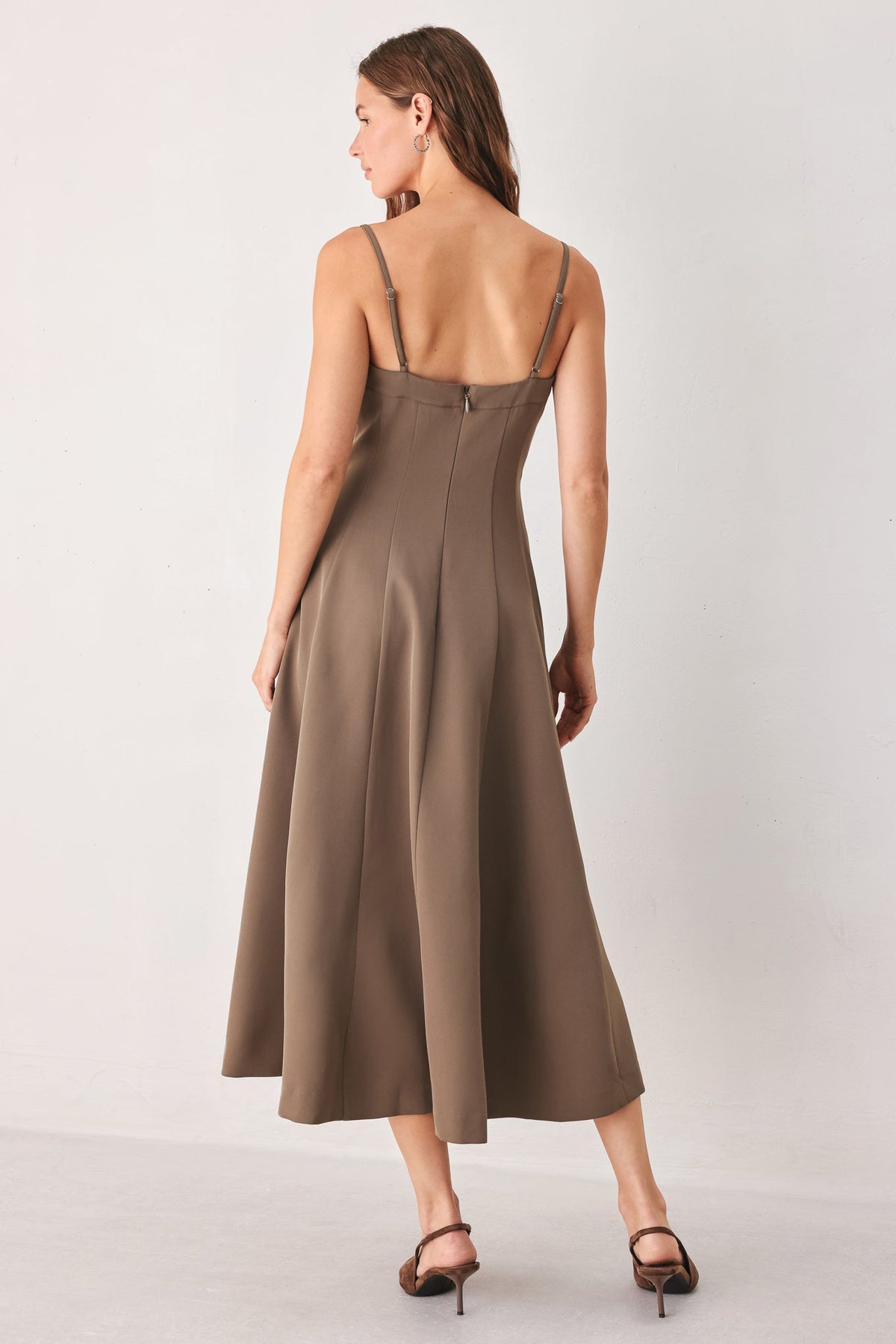 Mocha woven midi swing dress, back view with spaghetti straps and center seam