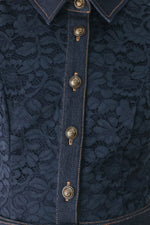 Navy lace midi dress close-up: vertical button placket with gold accents