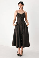 Dark patterned midi dress with sweetheart neckline, spaghetti straps, button front