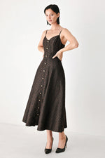 Dark patterned midi dress with spaghetti straps and button front, sweetheart bodice