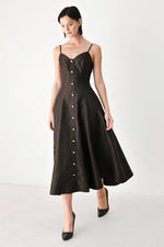 Dark patterned midi dress with sweetheart neckline, spaghetti straps, gold-button front