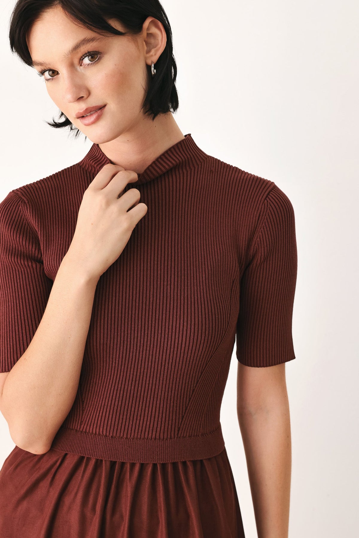 Brick mock-neck ribbed knit bodice with tiered skirt detail and short sleeves
