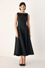 Black bow-shoulder midi dress with sleeveless bodice and A-line skirt