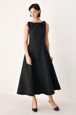 Black bow-shoulder midi dress, sleeveless fitted bodice and flared skirt