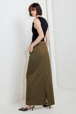 Woven skirt in olive brown, straight midi length with buttoned waistband and belt loops