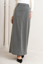 Woven skirt in dark gray charcoal, straight midi length with back yoke seam