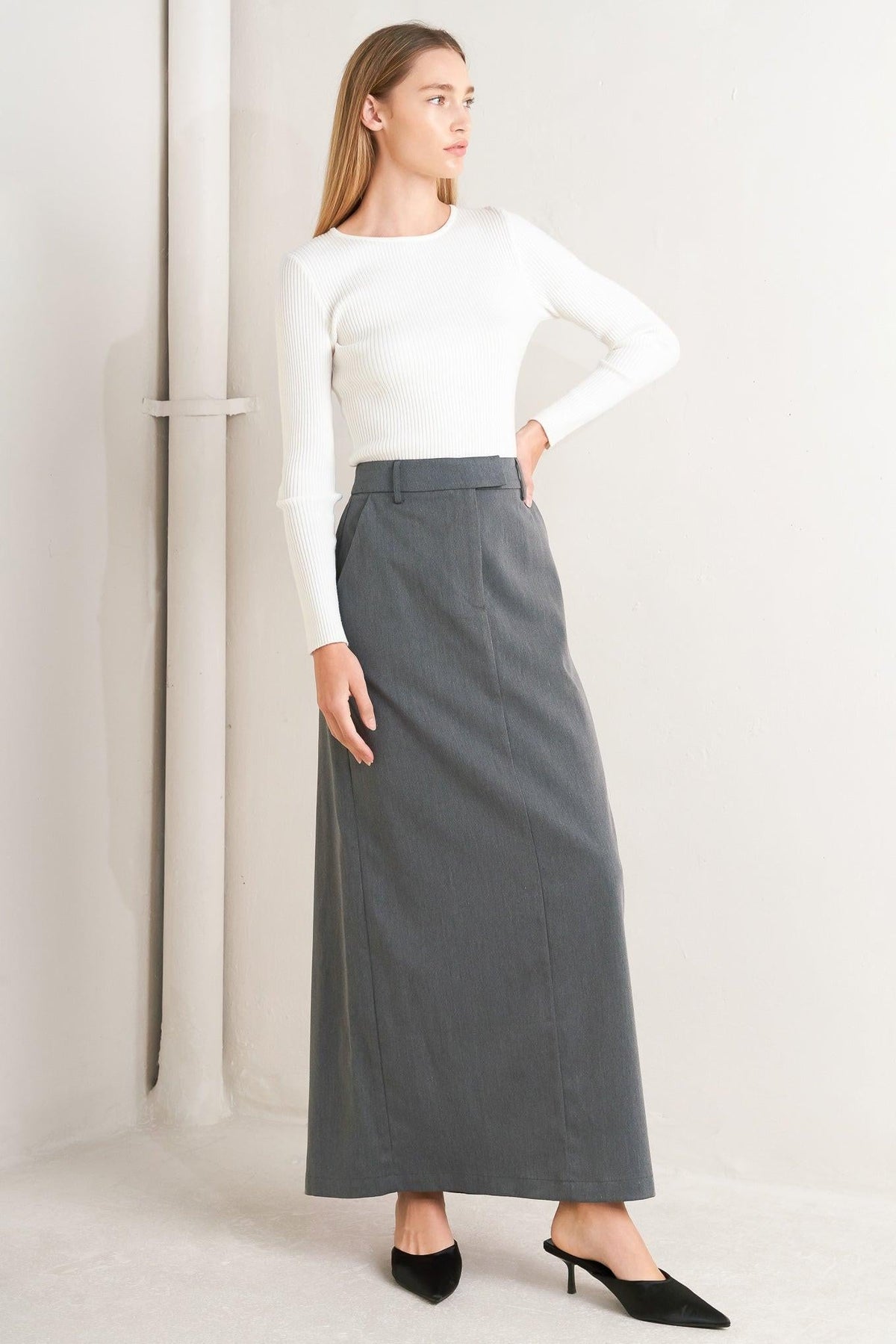 Charcoal gray woven midi skirt with straight hem