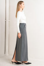 Charcoal gray woven midi skirt with front slit