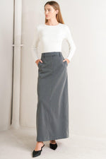 Woven skirt in dark gray charcoal, straight midi length with tailored waistband