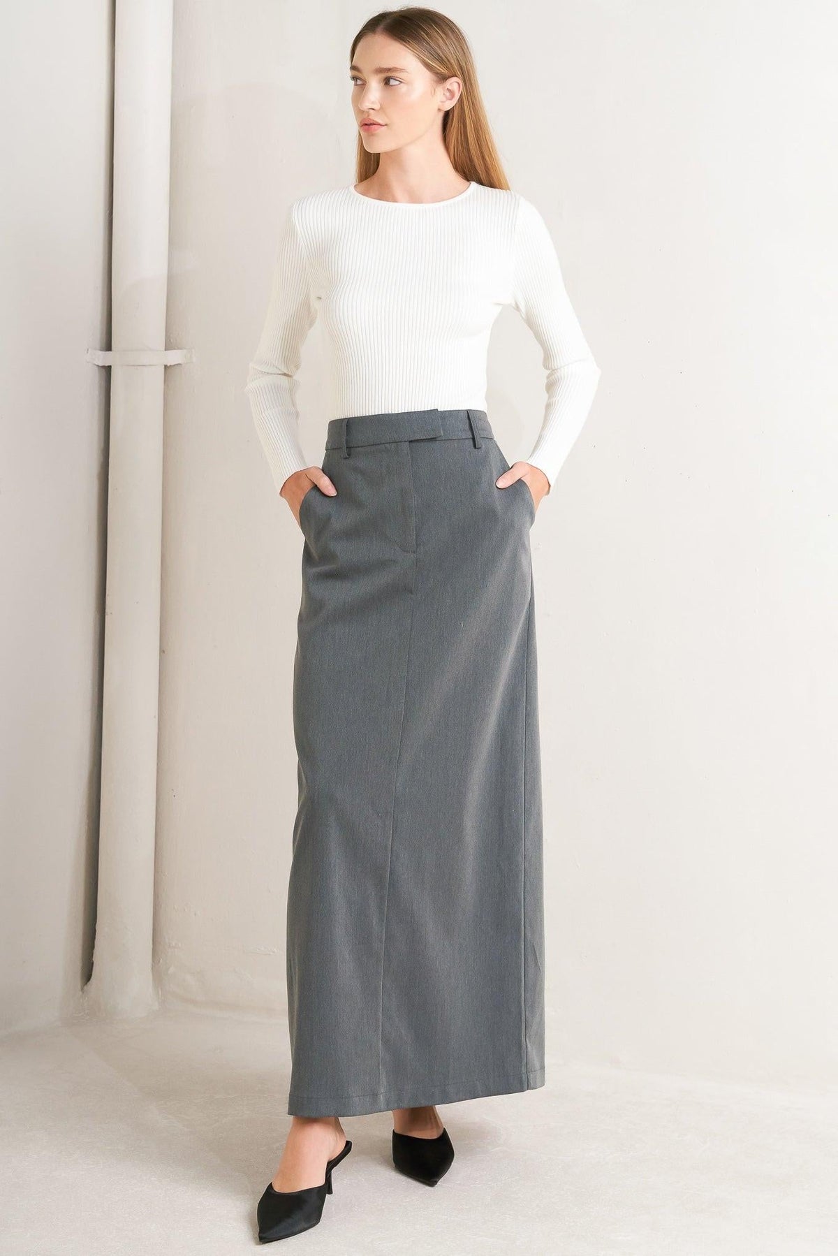 Woven skirt in dark gray charcoal, straight midi length with tailored waistband