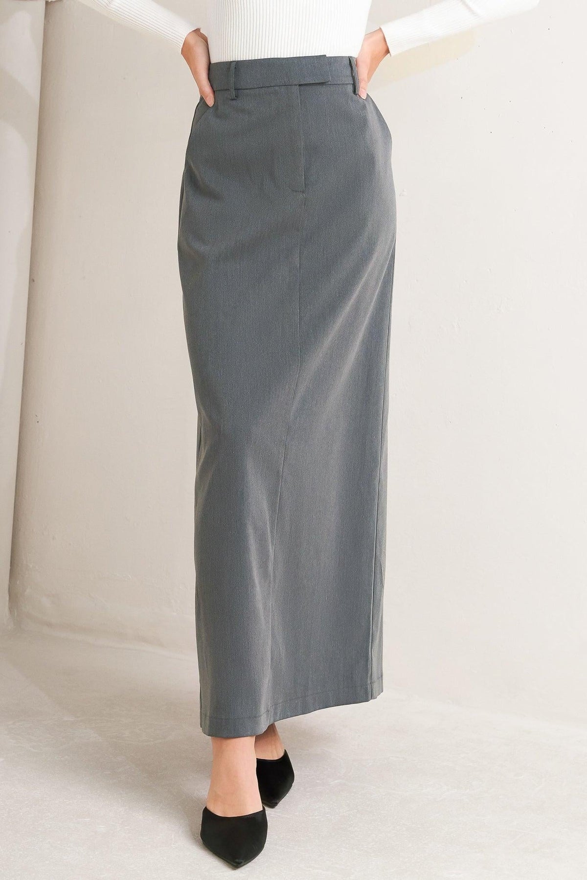 Charcoal gray woven midi skirt, back view
