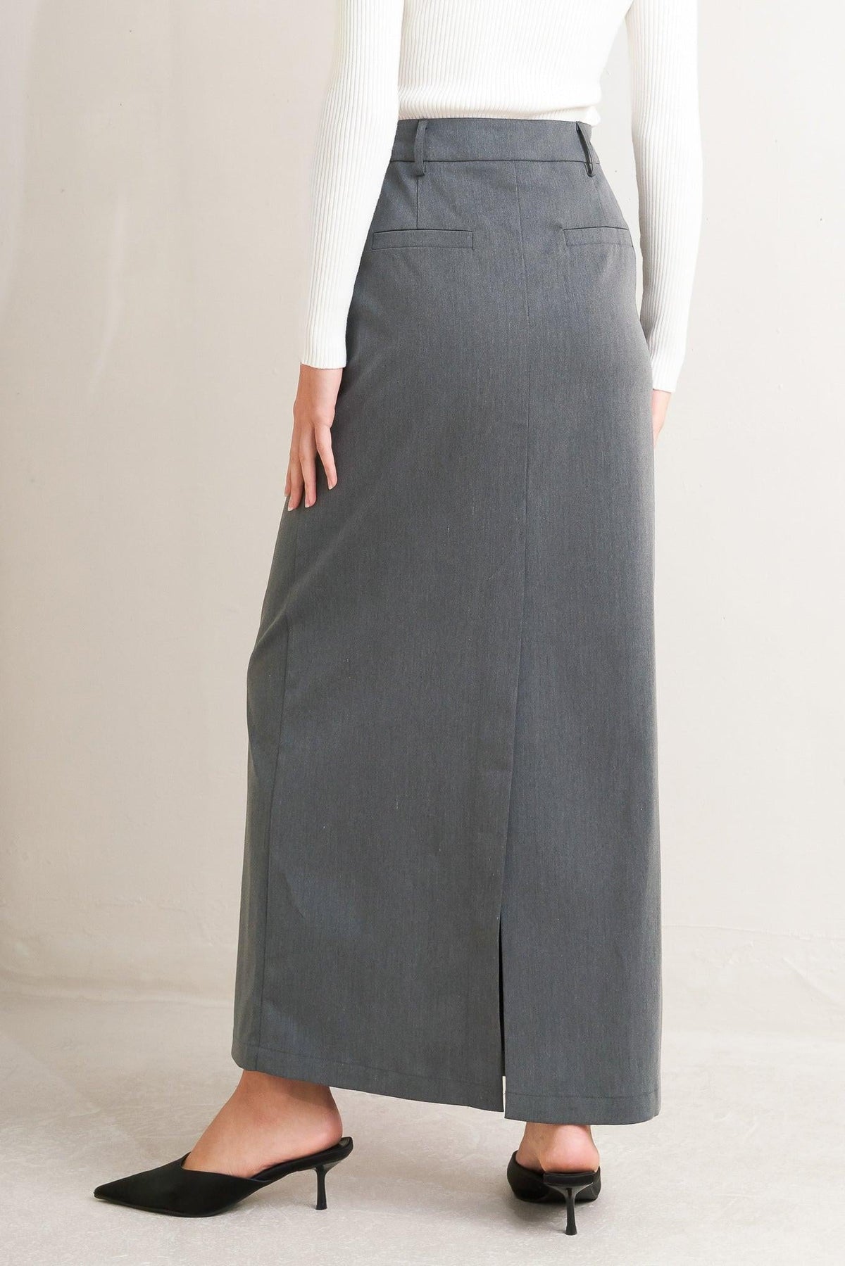 Charcoal gray woven midi skirt with front slit and belt loops
