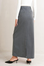 Charcoal gray woven midi skirt with front slit and belt loops