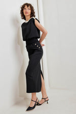 Black knit midi skirt with fitted waist and front slit detail
