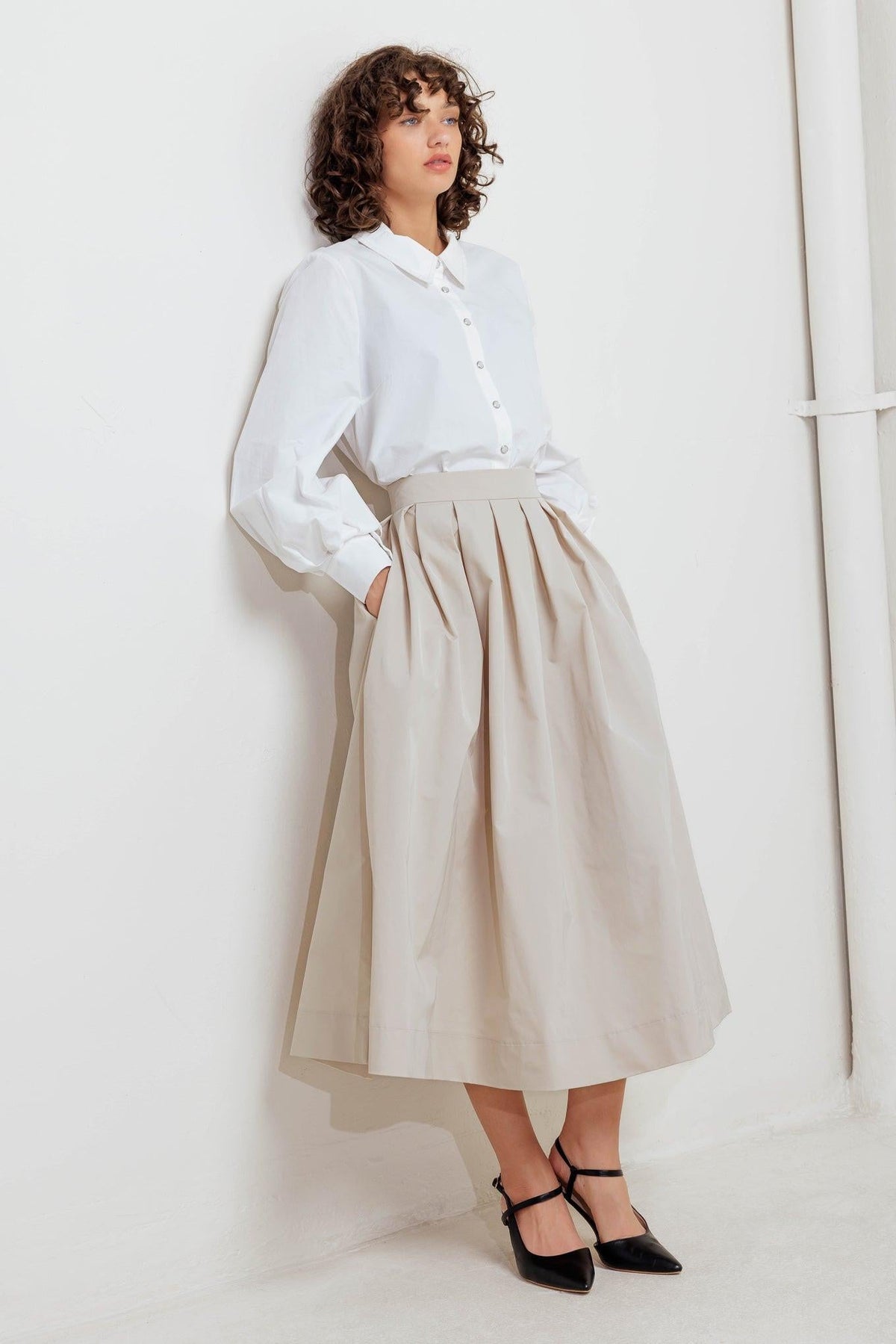 Cream woven full midi skirt with pleated front panels and wide waistband