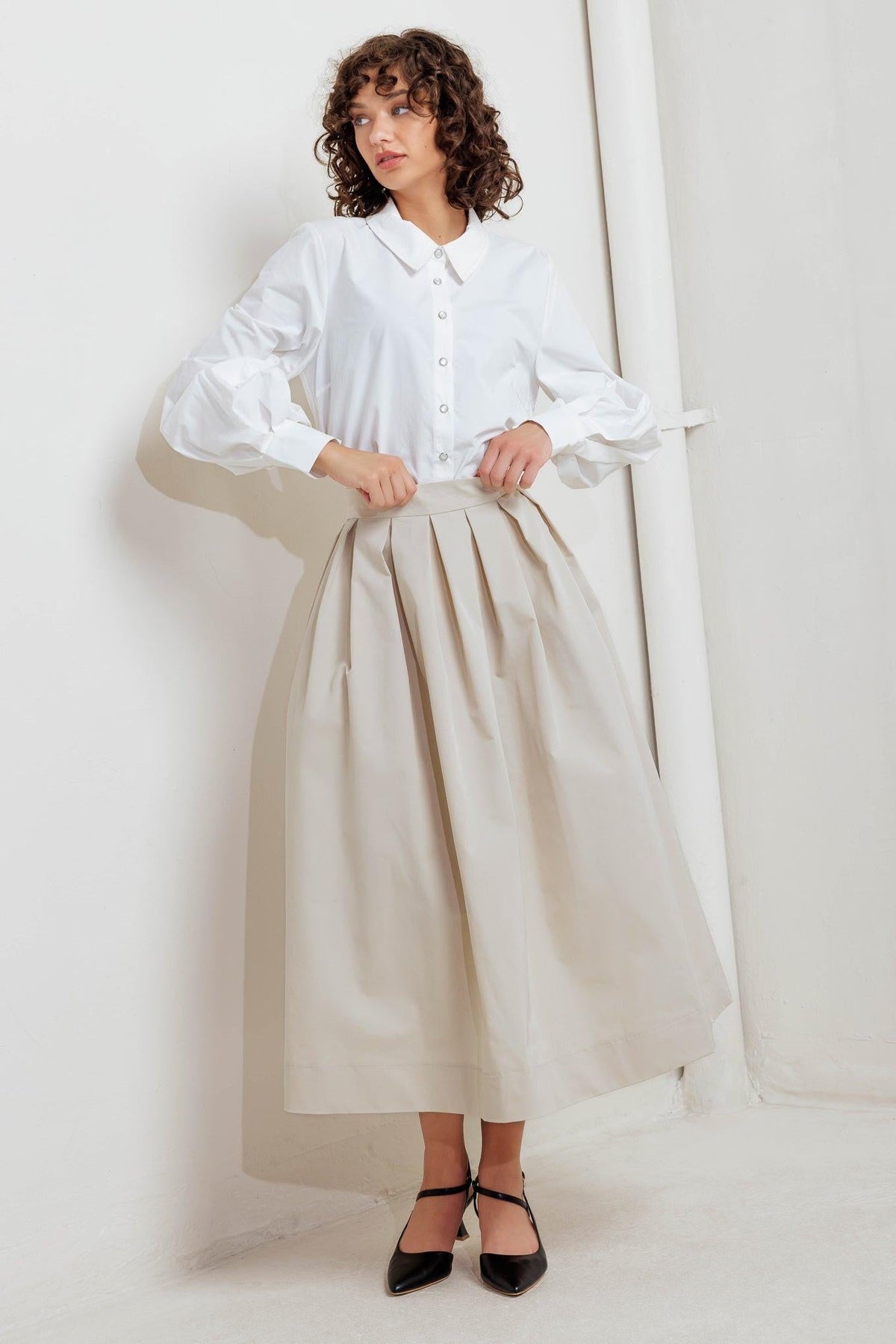 Cream woven full midi skirt with pleated volume and fitted waist band