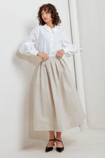 Cream woven full midi skirt with pleated volume and fitted waist band